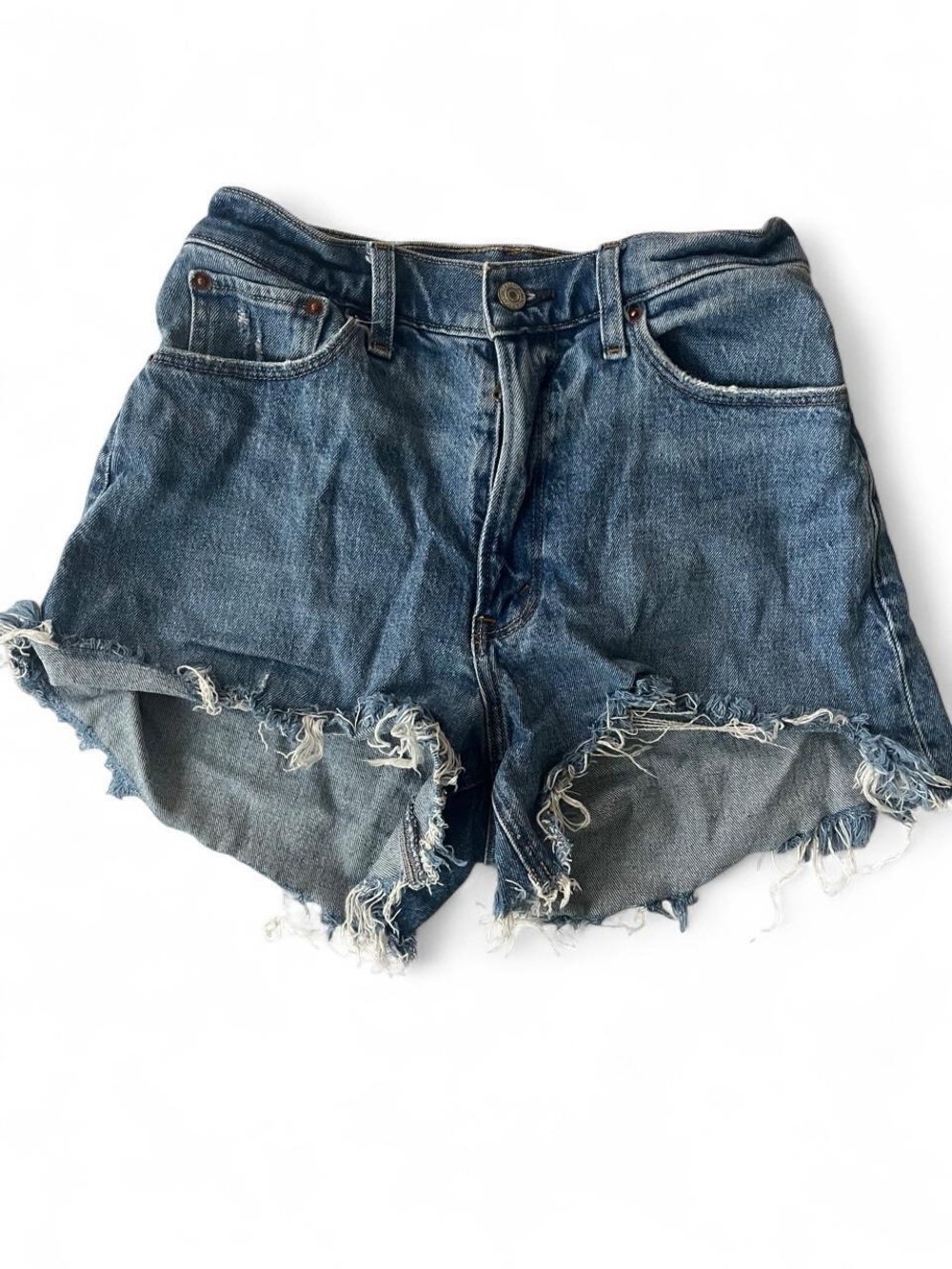 Abercrombie & Fitch Raw-Edge High-Waist Denim Shorts - Dark Blue